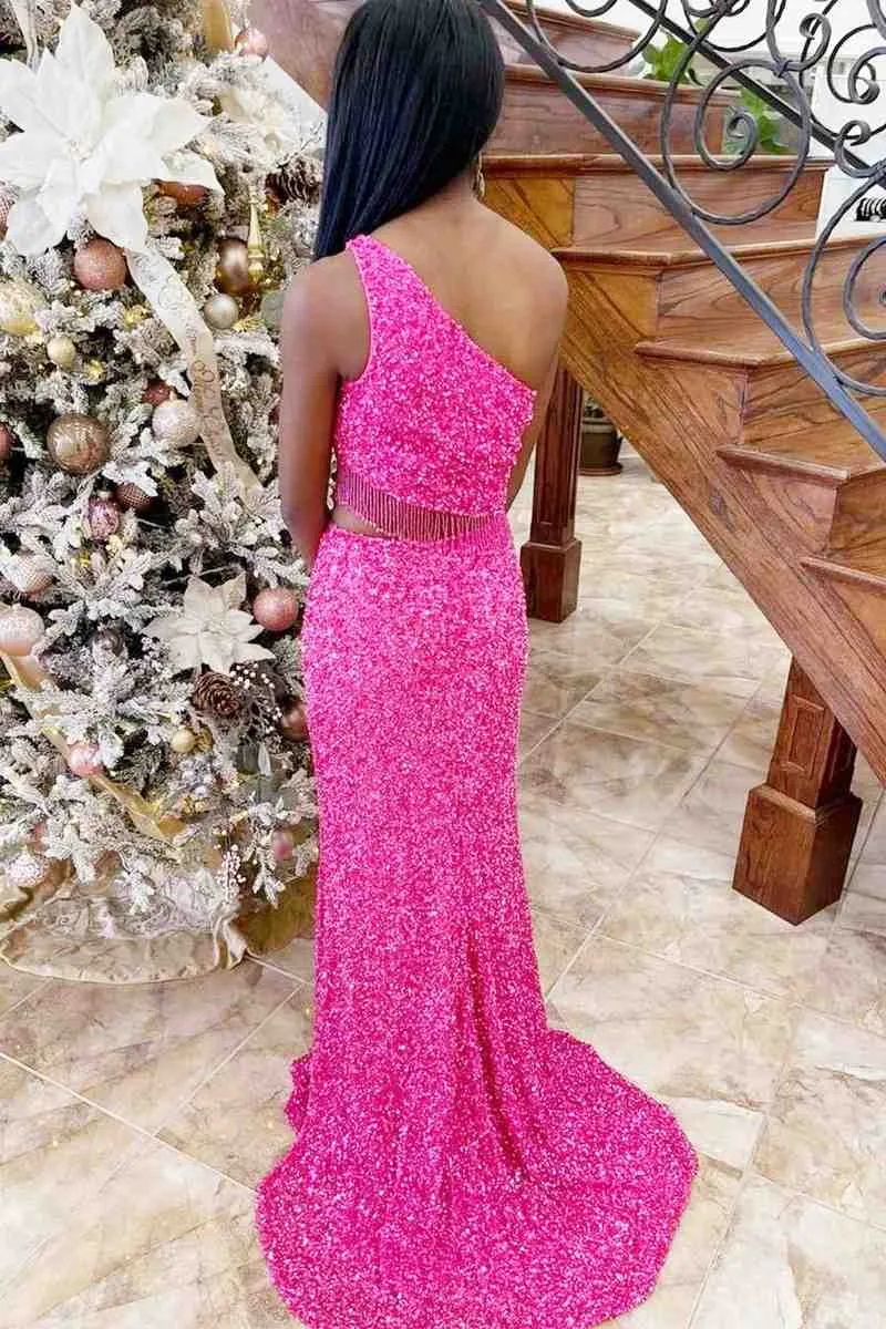 Green Two Piece Sequined One Shoulder Long Party Dress with Tassel,Gala Dresses Elegant