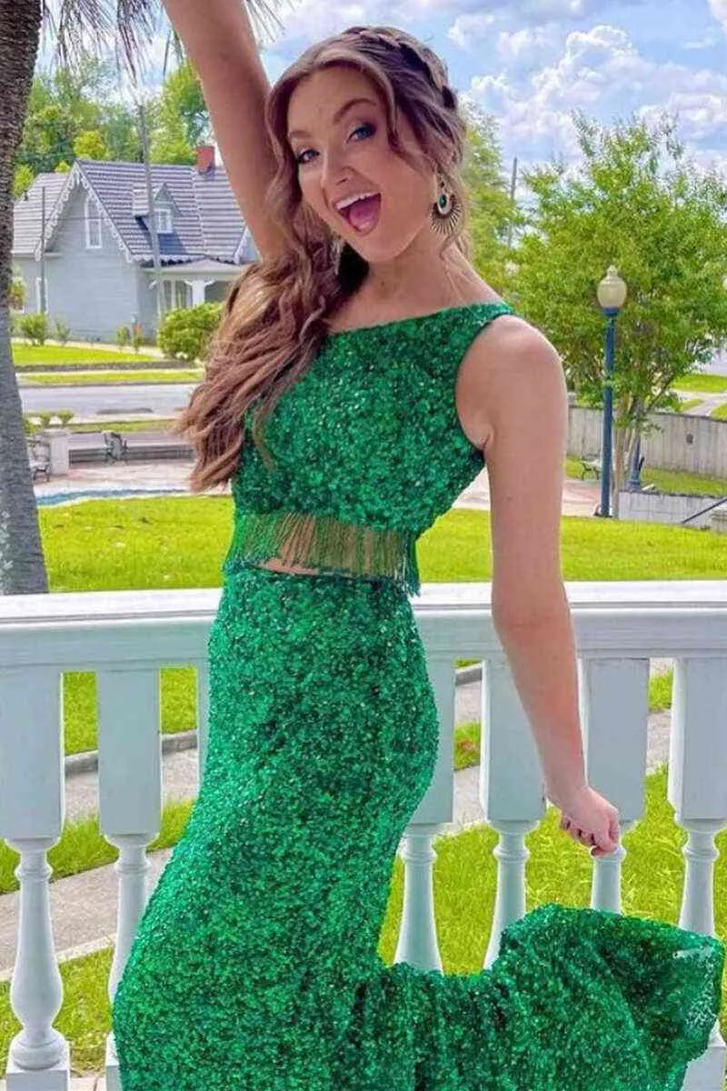 Green Two Piece Sequined One Shoulder Long Party Dress with Tassel,Gala Dresses Elegant