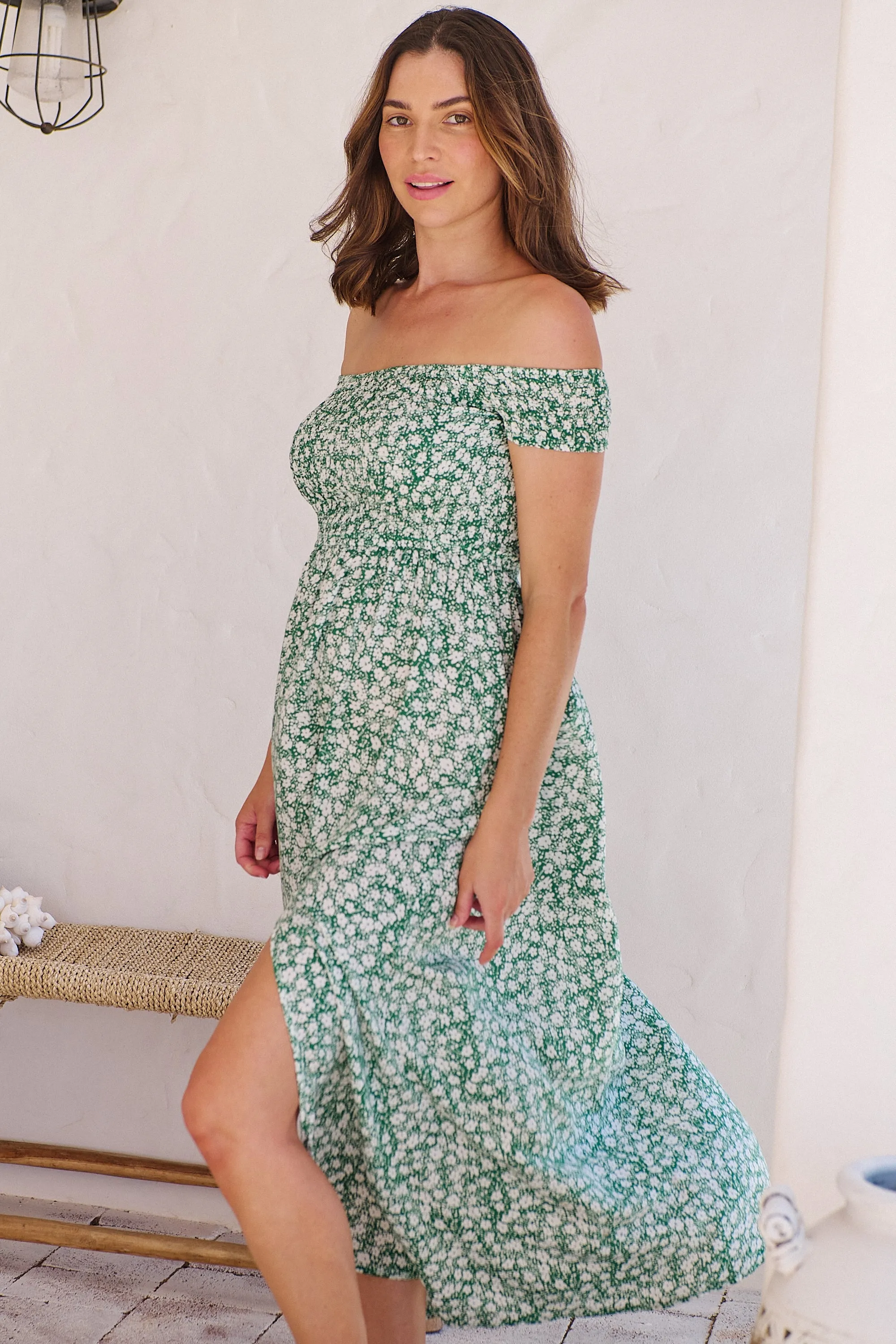 Gypsy Off Shoulder Green Ditsy Print Shirred Maxi Dress