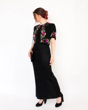 Hand Beaded Floral Sequin Embroidered Maxi Dress Black