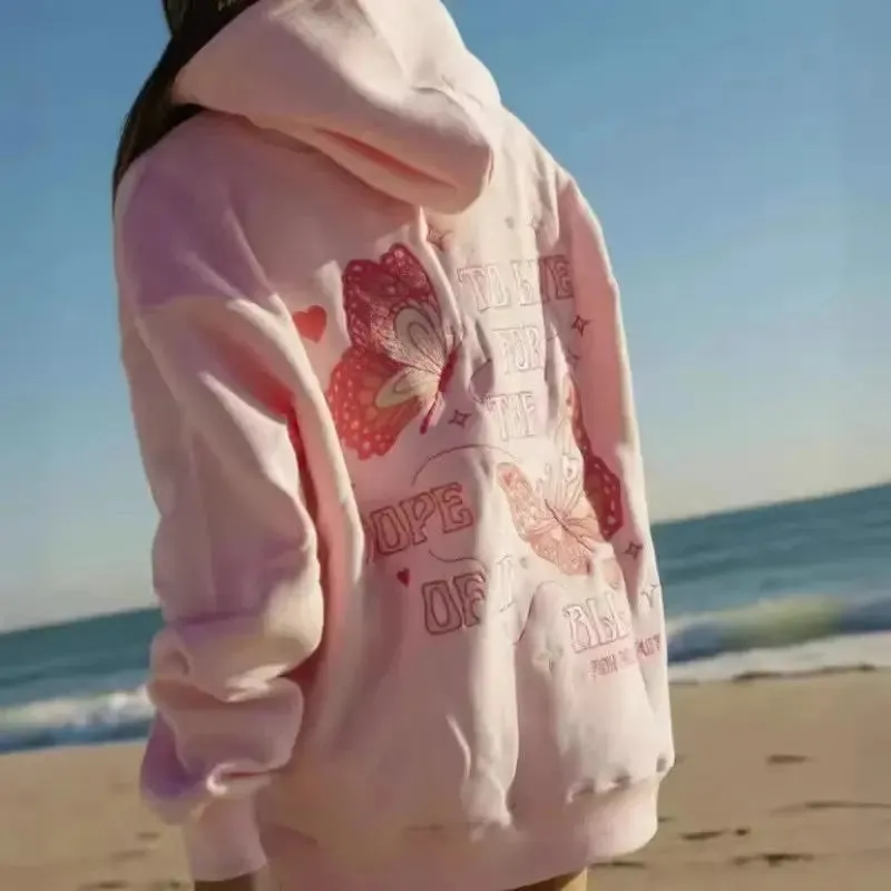 Hip Hop Street PINK PALM PUFF Printed Female Hoodies Fashion Hoodie Oversize Loose New Sweatshirts Autumn Warm Fleece Clothing