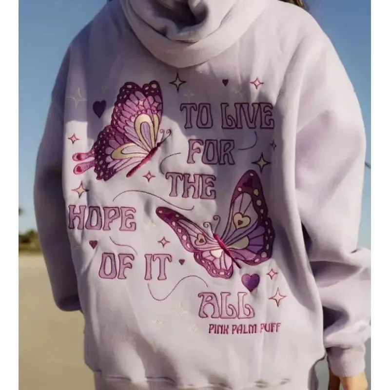 Hip Hop Street PINK PALM PUFF Printed Female Hoodies Fashion Hoodie Oversize Loose New Sweatshirts Autumn Warm Fleece Clothing