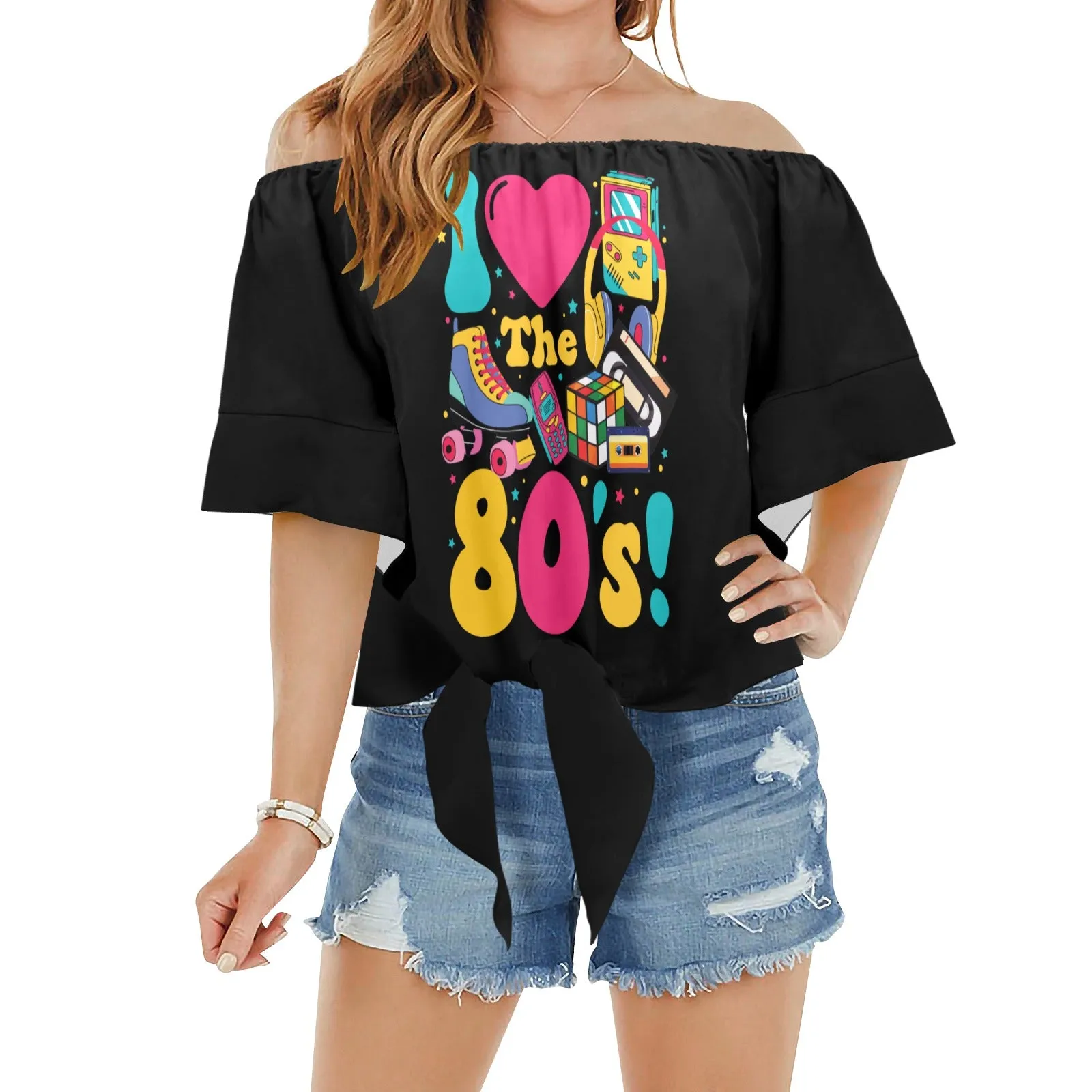 I Love the 80s Off Shoulder Knot Front Blouse