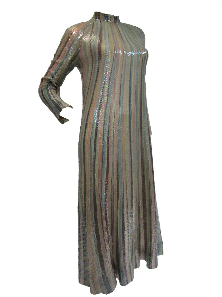 Iconic 1970s Halston Pastel Striped Silk Maxi Dress W/ Sequins