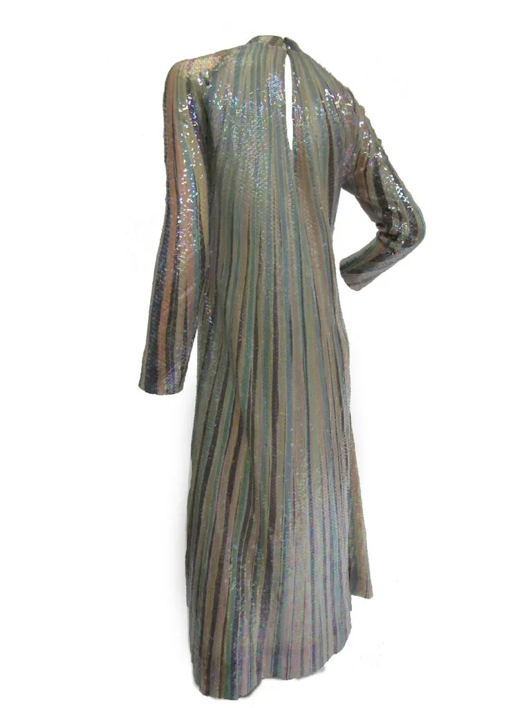 Iconic 1970s Halston Pastel Striped Silk Maxi Dress W/ Sequins