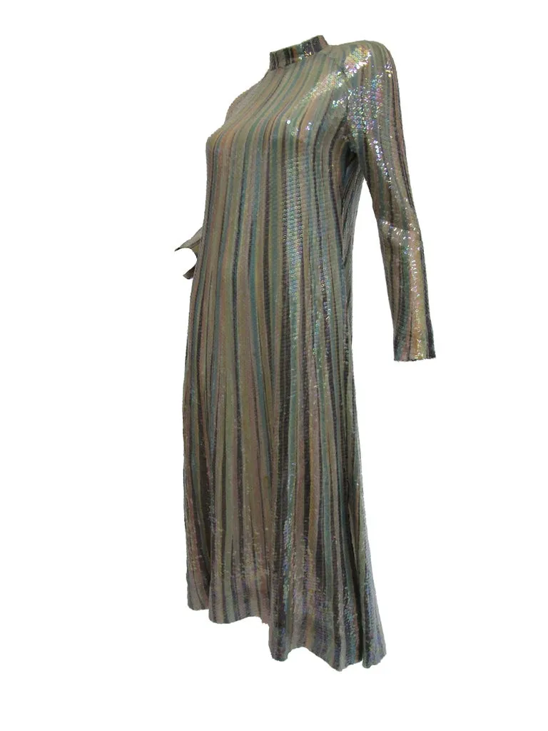 Iconic 1970s Halston Pastel Striped Silk Maxi Dress W/ Sequins