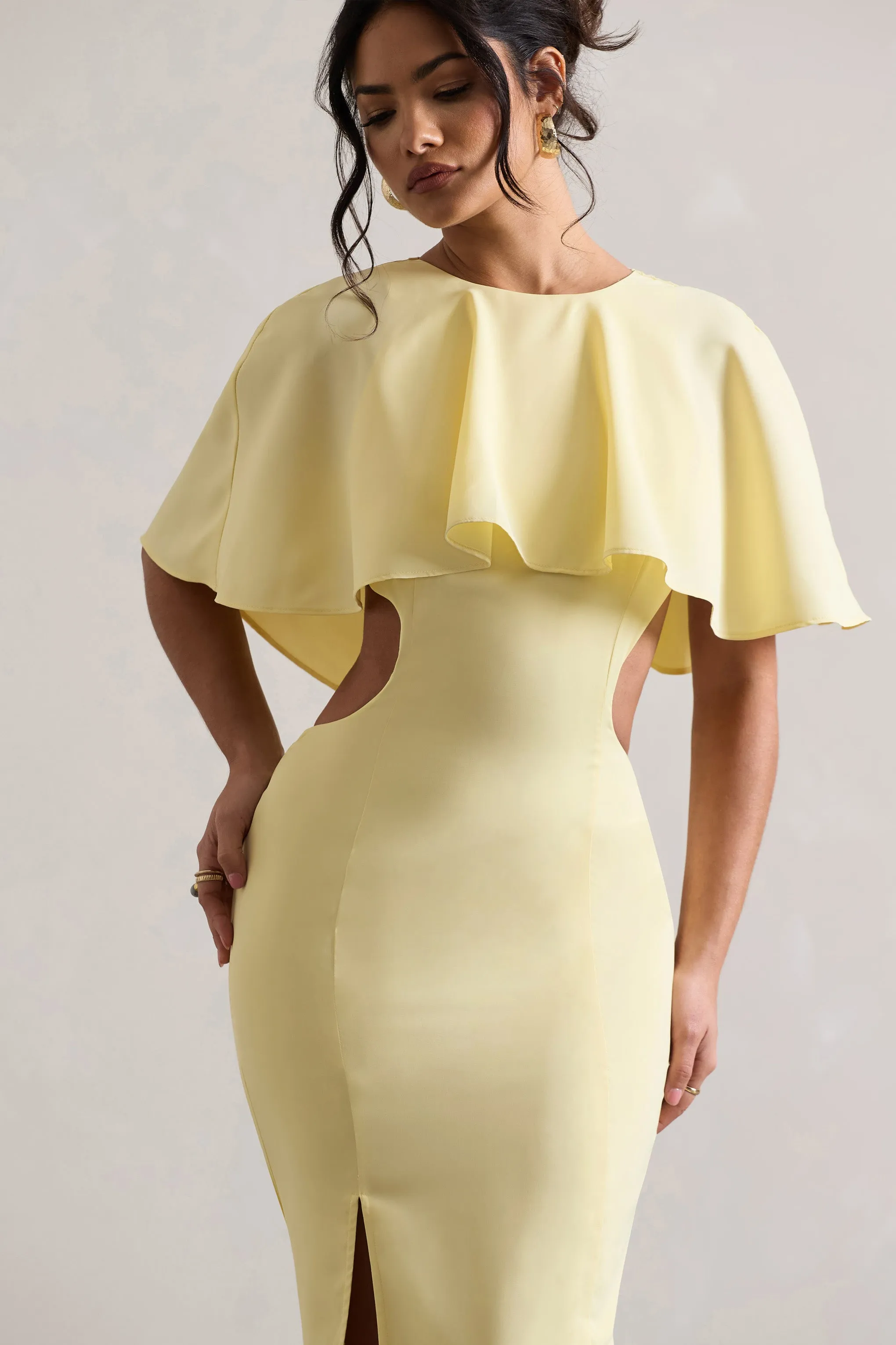 Isadora | Pastel Yellow Cut-Out Split Maxi Dress With Cape