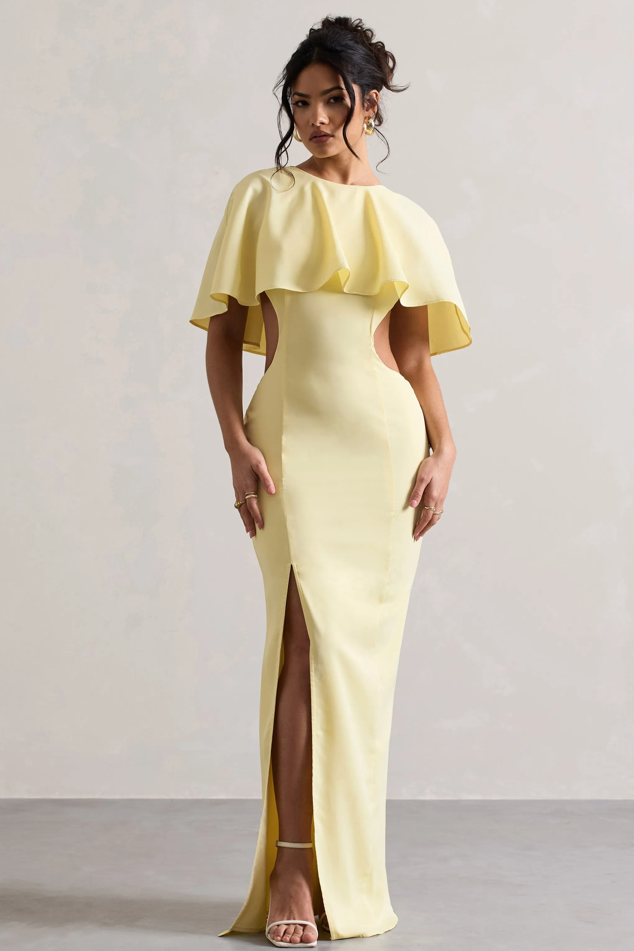 Isadora | Pastel Yellow Cut-Out Split Maxi Dress With Cape