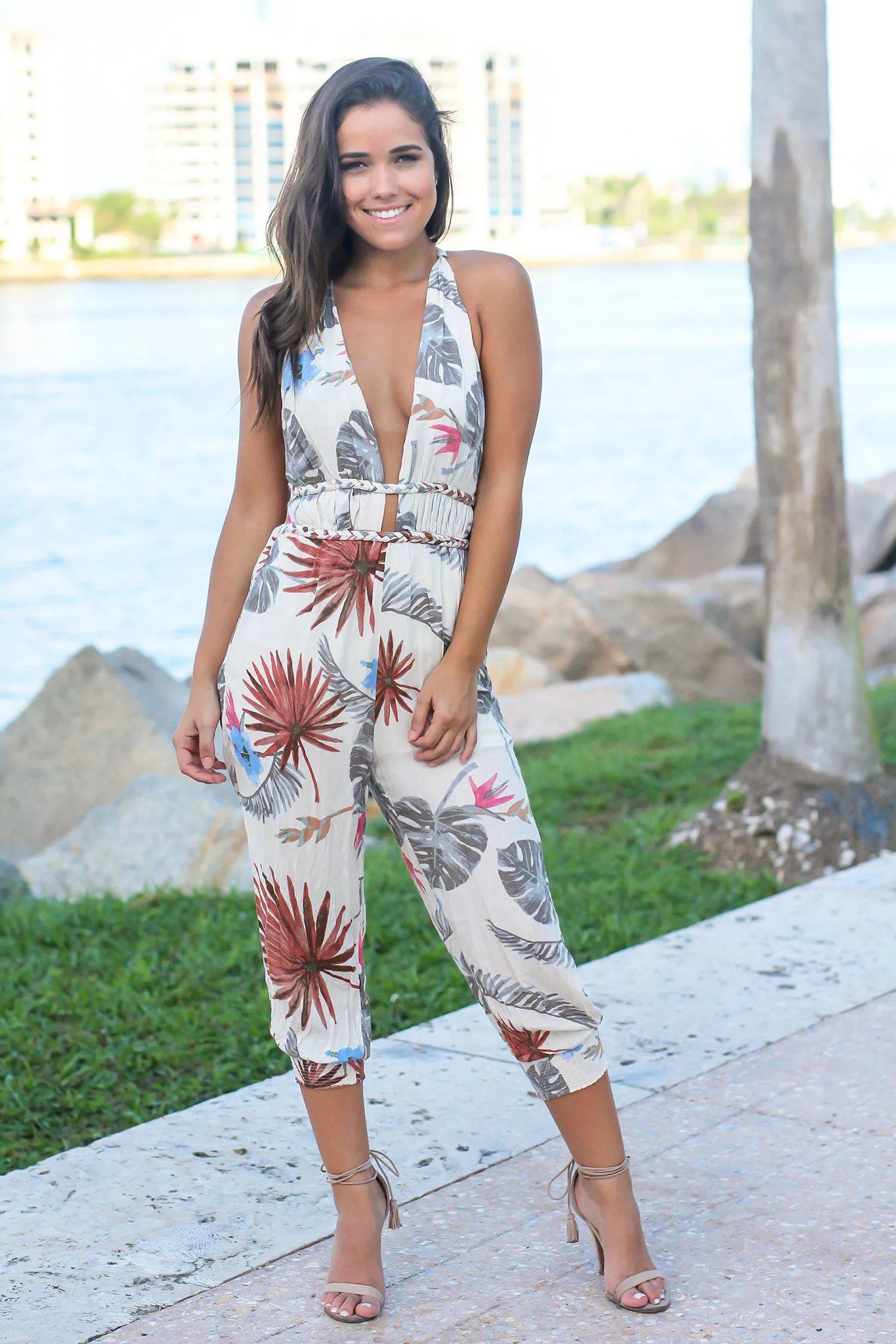 Ivory Tropical Palm Jumpsuit with Open Back