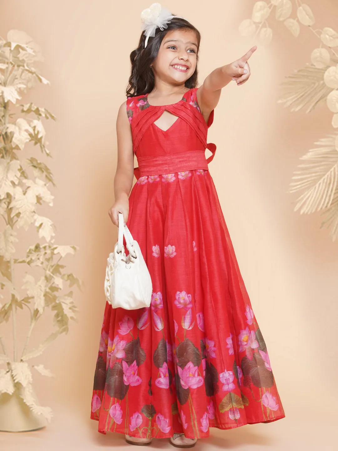 Jashvi Girls Red Floral Printed Dress