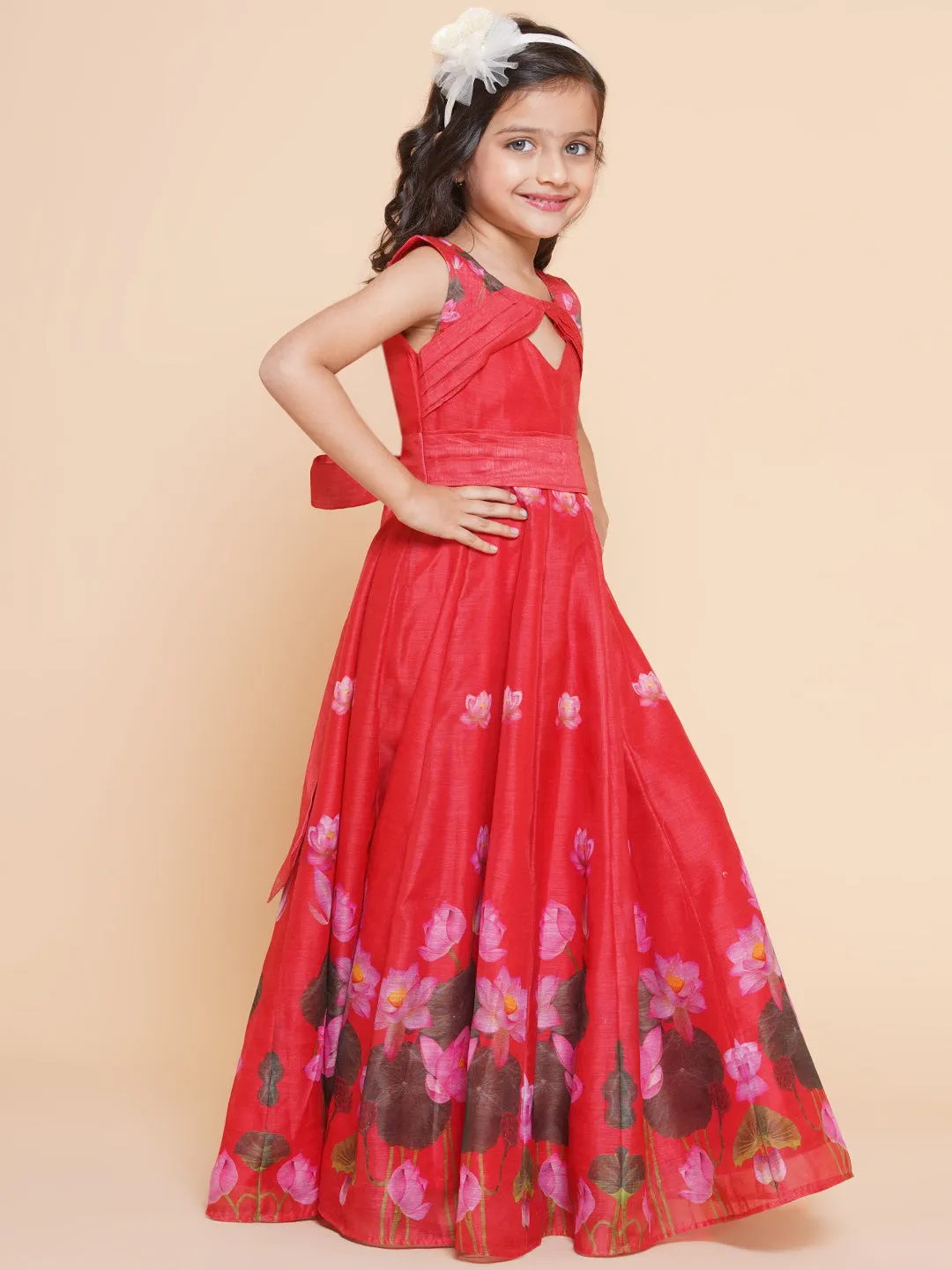 Jashvi Girls Red Floral Printed Dress