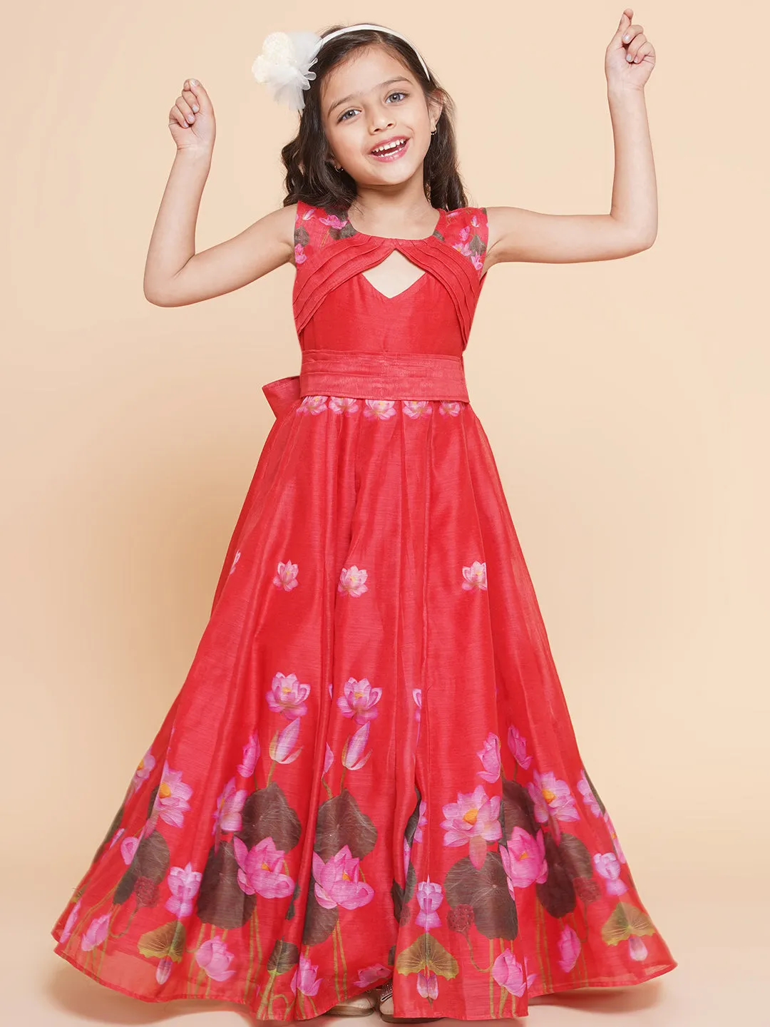 Jashvi Girls Red Floral Printed Dress