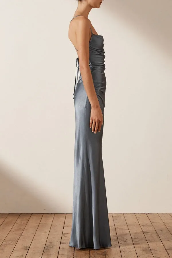 La Lune Backless Ruched Maxi Smoke Blue