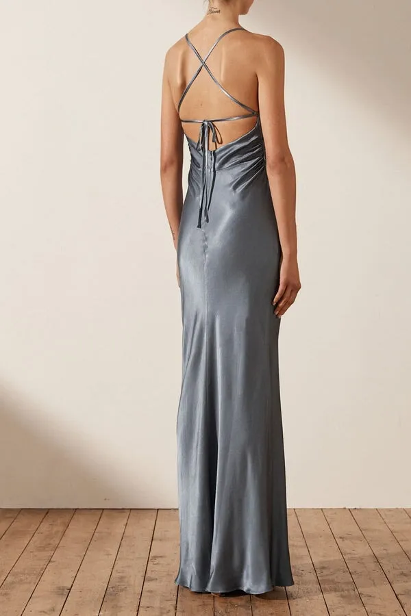 La Lune Backless Ruched Maxi Smoke Blue