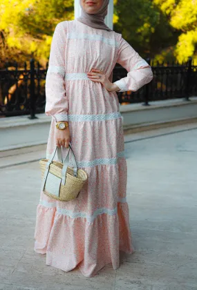 Lamar modest boho maxi style dress with lace detailing and full sleeve