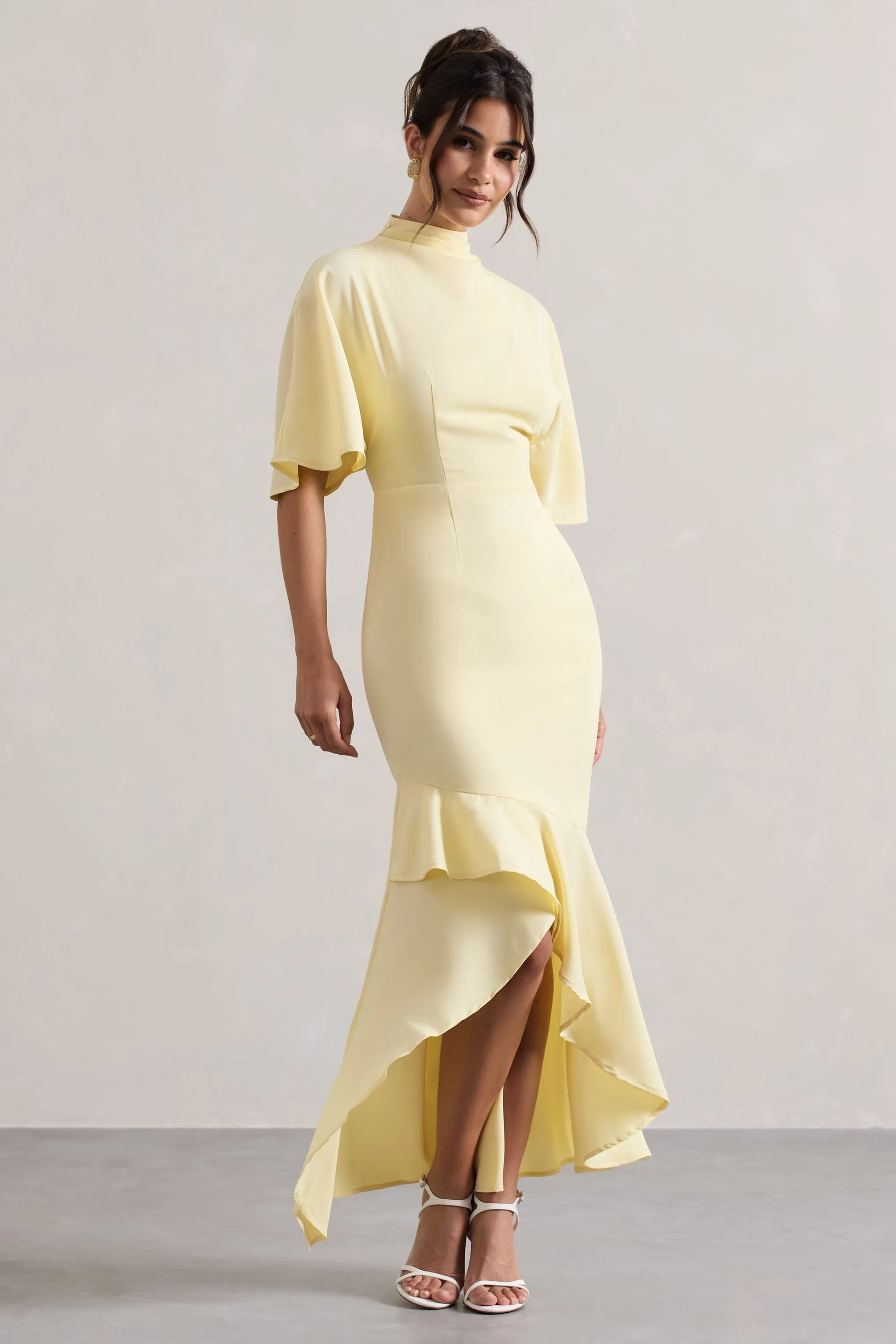 Lavinia | Pastel Yellow High-Neck Flutter-Sleeve Asymmetric Maxi Dress