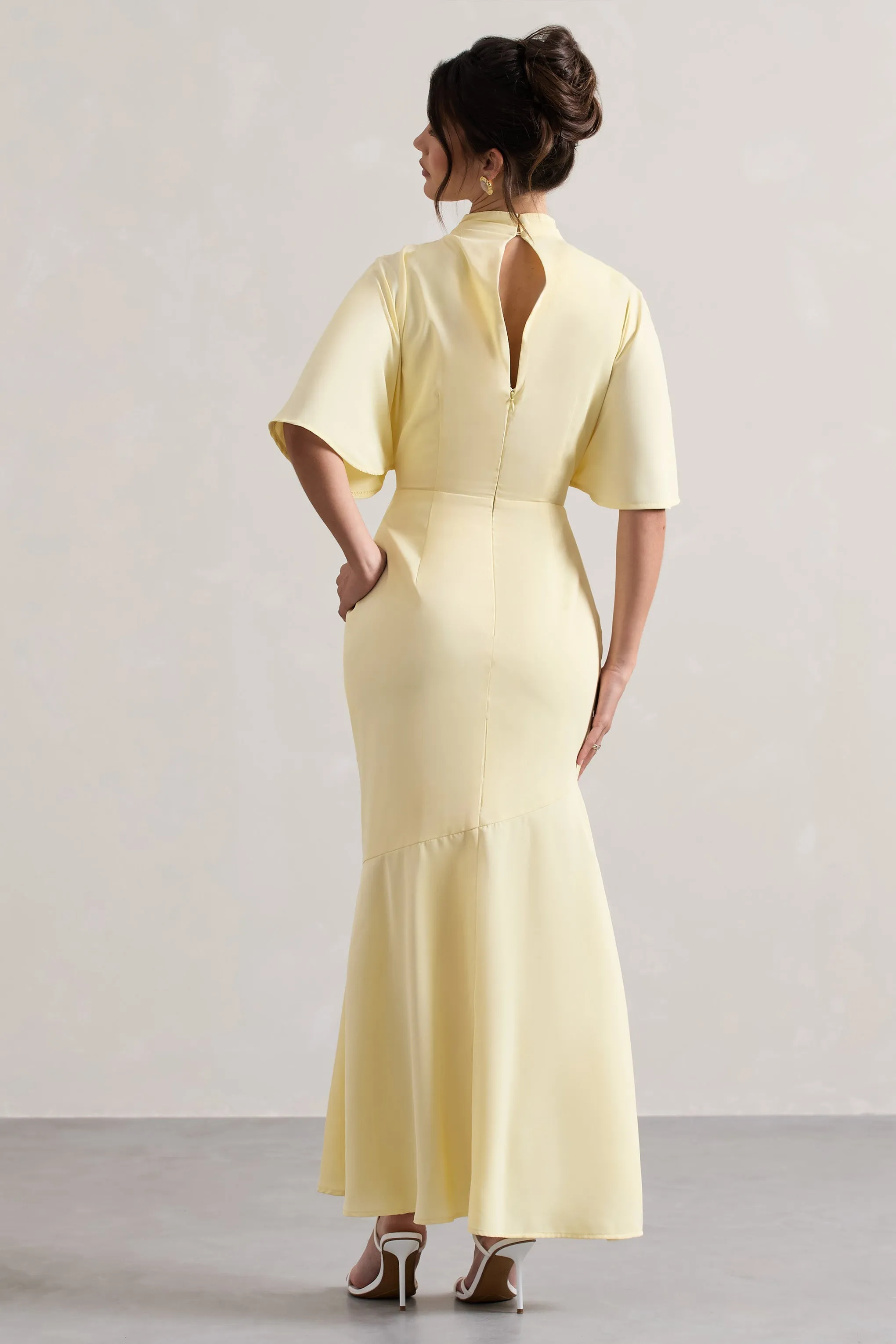 Lavinia | Pastel Yellow High-Neck Flutter-Sleeve Asymmetric Maxi Dress