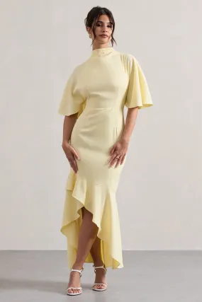 Lavinia | Pastel Yellow High-Neck Flutter-Sleeve Asymmetric Maxi Dress