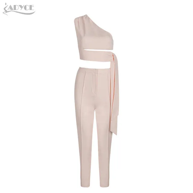 Leggings one shoulder top Pink Ankle-length Pants Women Set