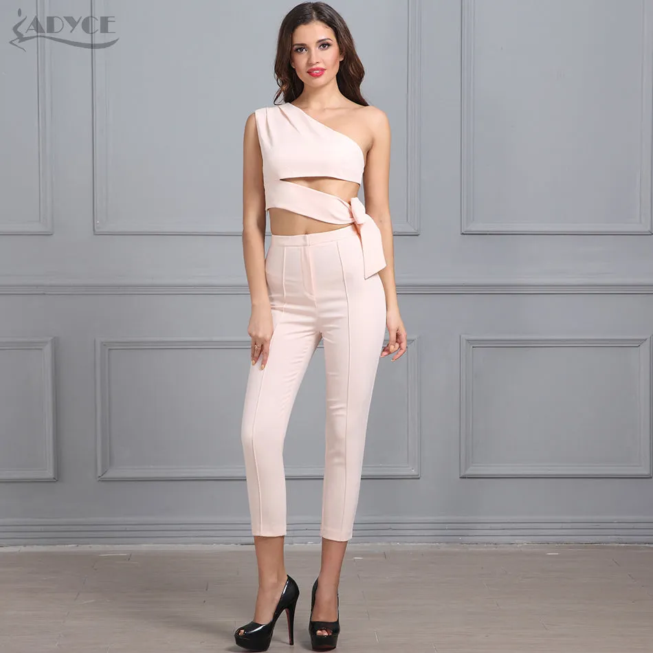 Leggings one shoulder top Pink Ankle-length Pants Women Set