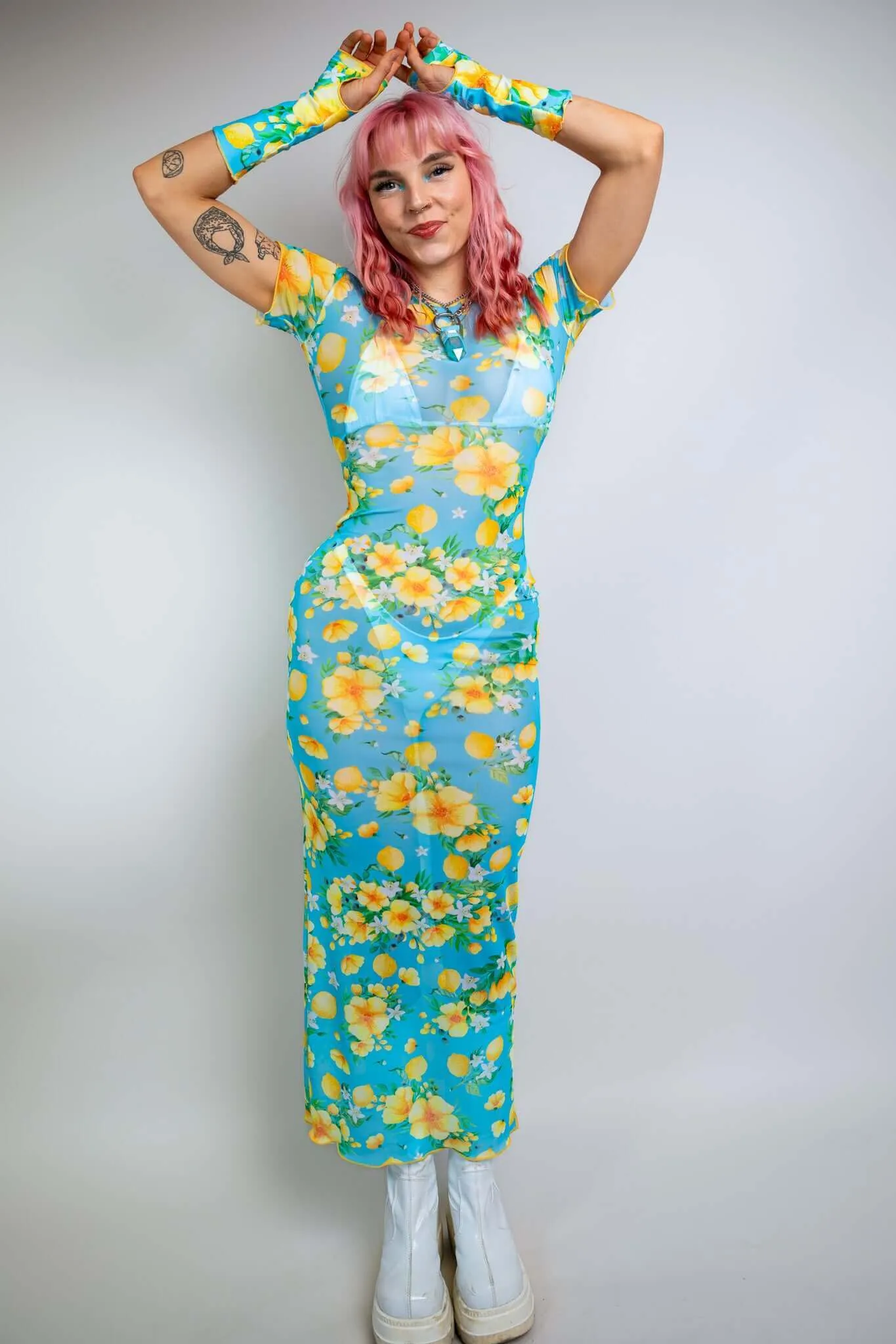 Lemon Drop Mesh Baby Tee Maxi Dress