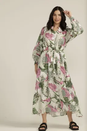 Linen Palms Print Rope Belted Maxi Dress