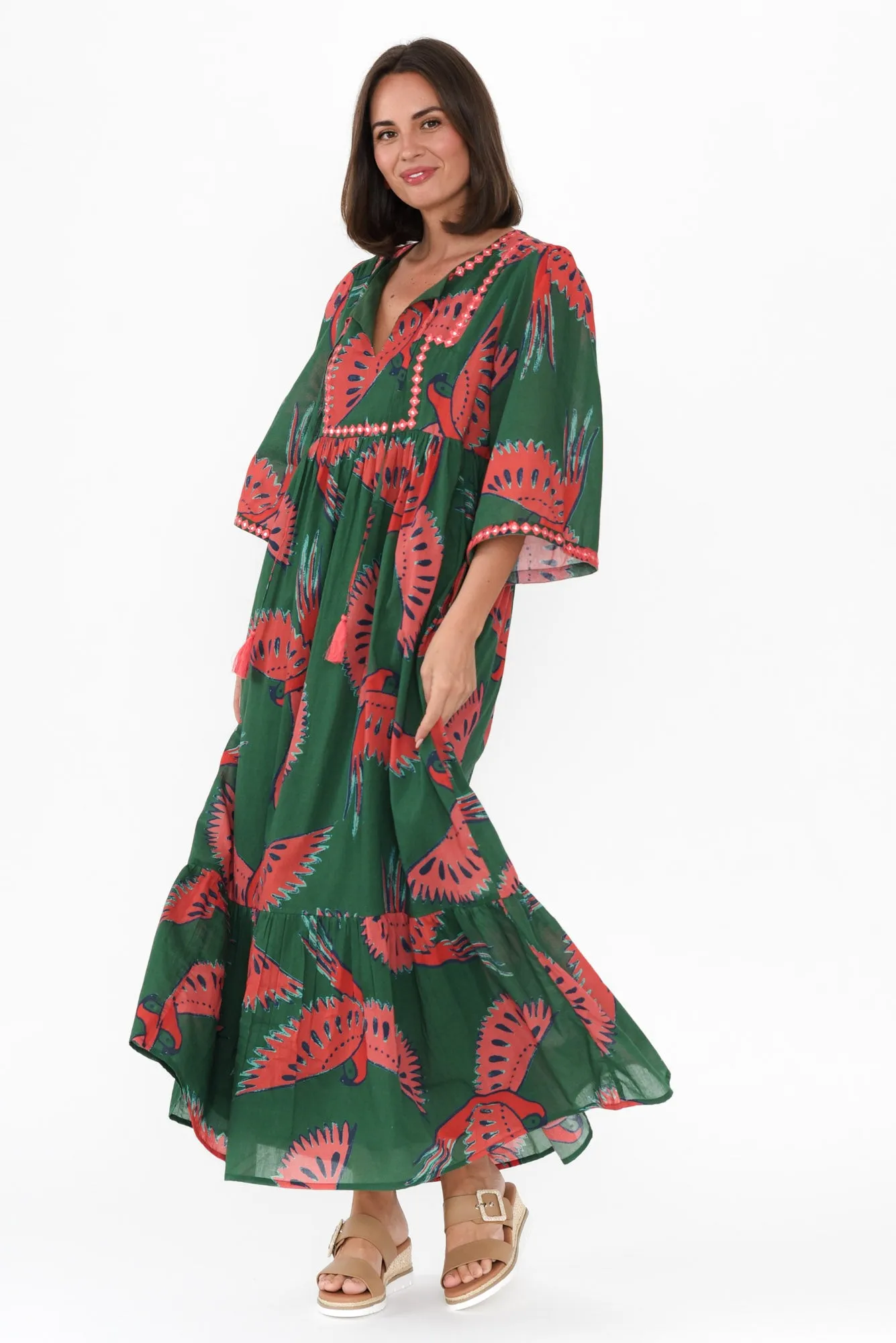 Lorrini Green Floral Cotton Dress