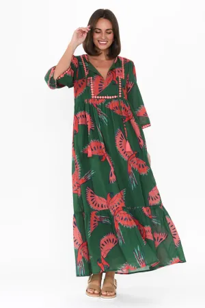 Lorrini Green Floral Cotton Dress