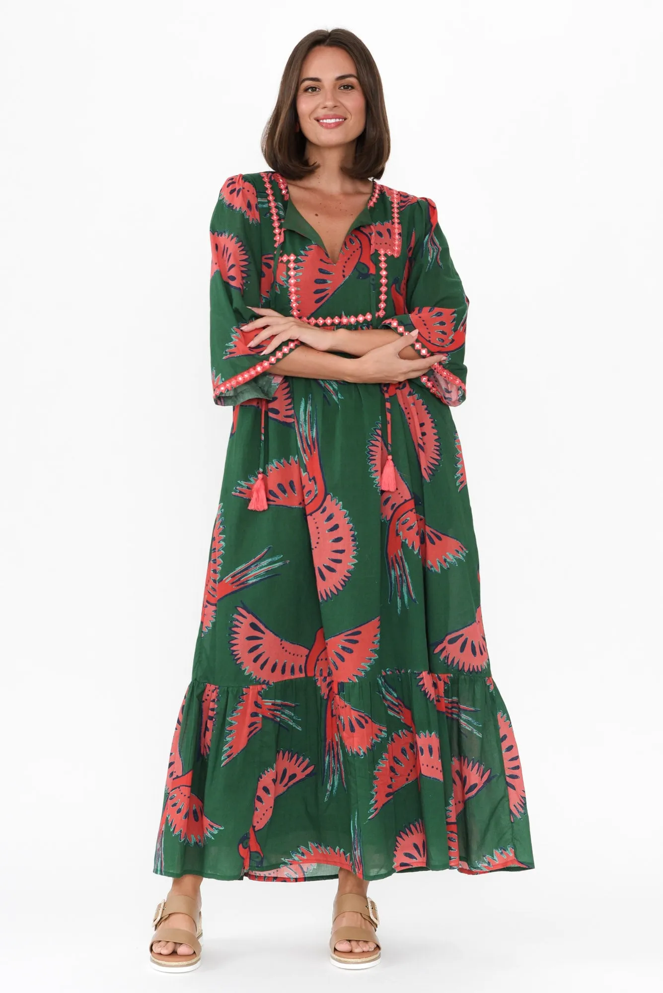 Lorrini Green Floral Cotton Dress