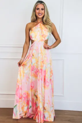 Lyana Watercolor Pastel Open Back Maxi Dress: Pink/Orange Multi