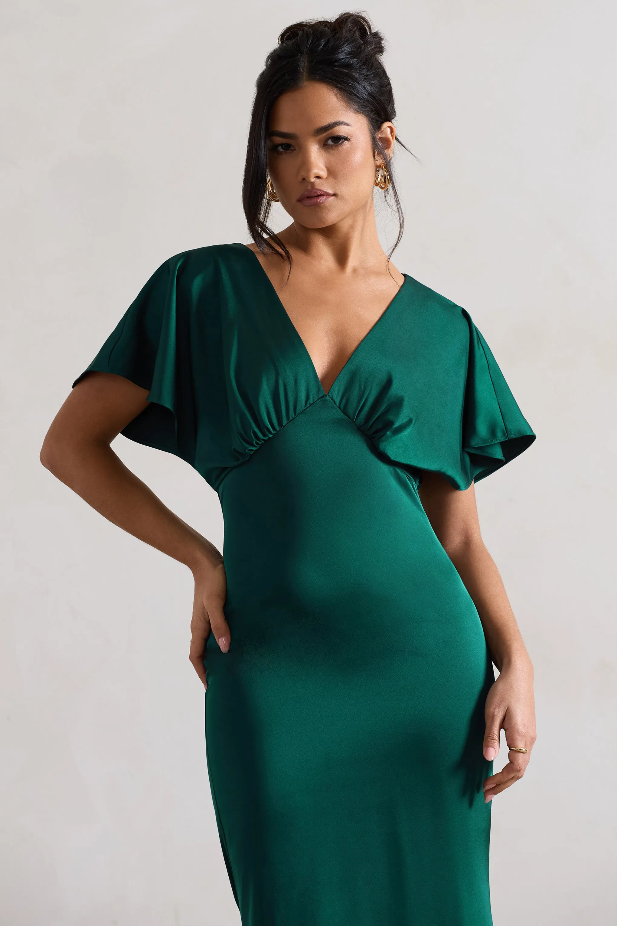 Marisa | Dark Green Satin V-Neck Flutter-Sleeve Maxi Dress