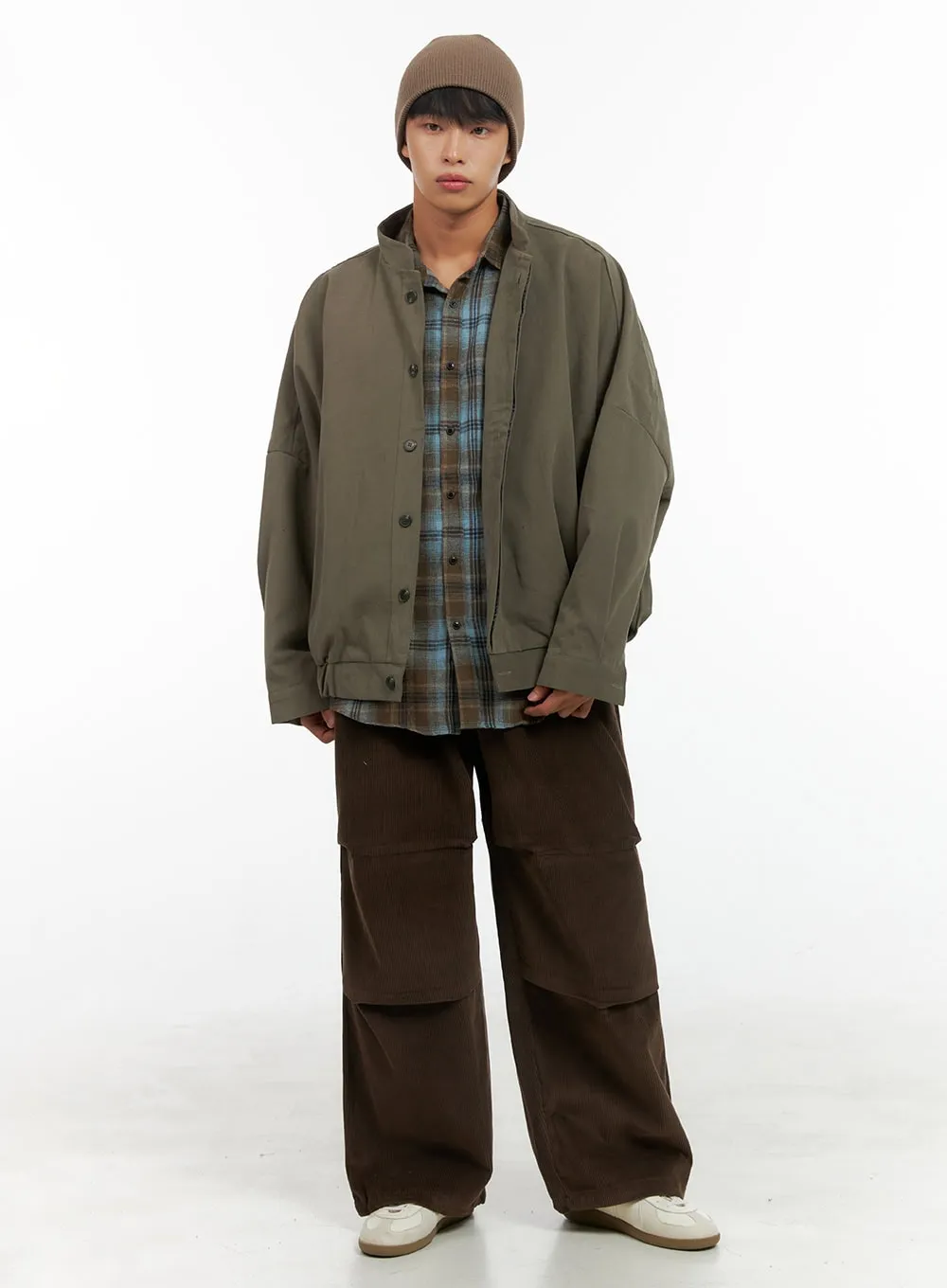 Men's Corduroy Pintuck Parachute Pants (Brown) IS419