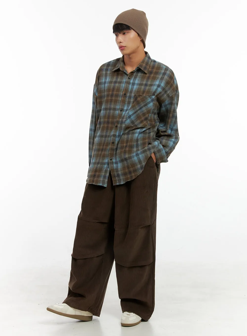 Men's Corduroy Pintuck Parachute Pants (Brown) IS419