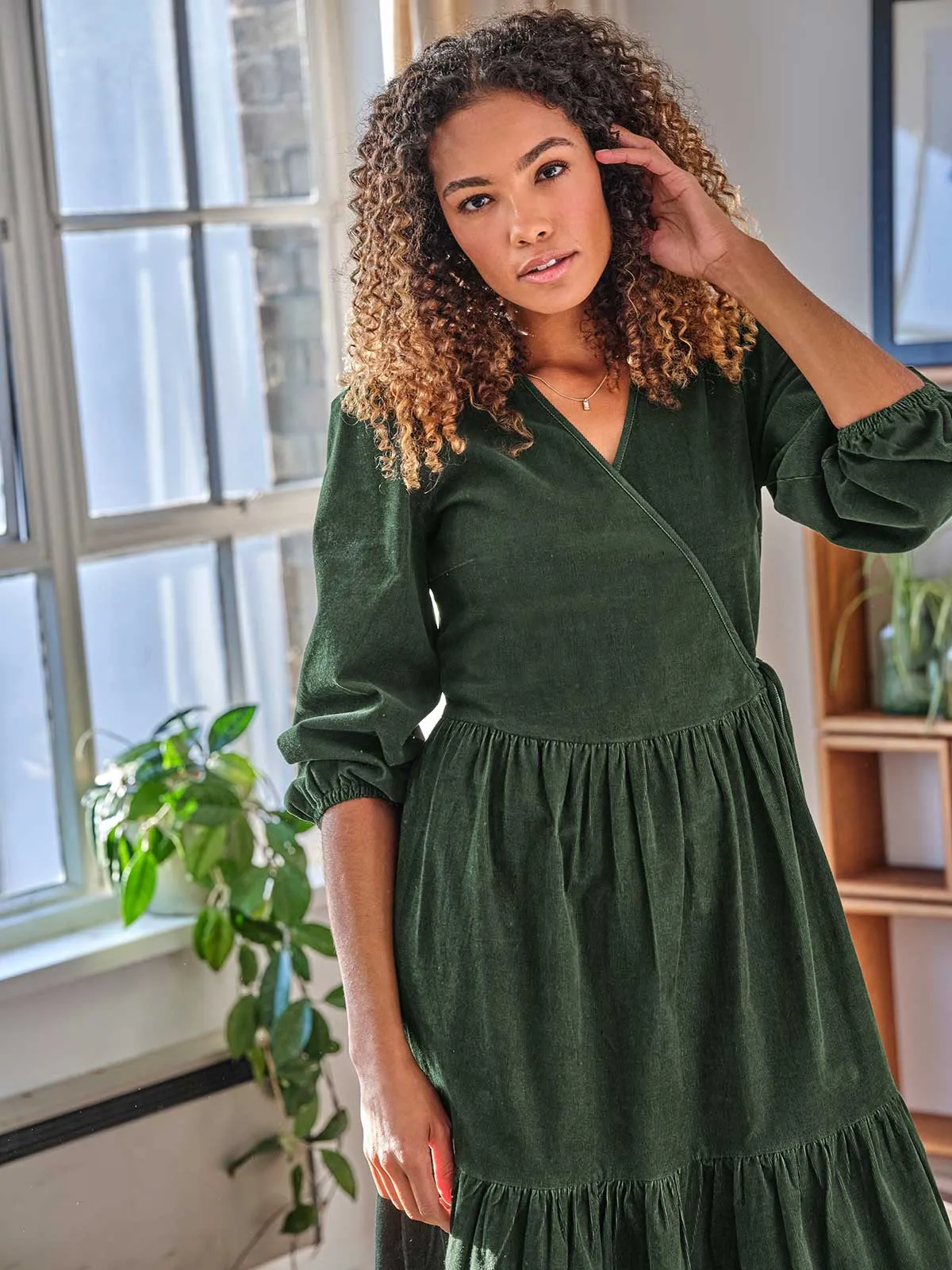 Milou Organic Cotton Corduroy Wrap Dress - Forest Green