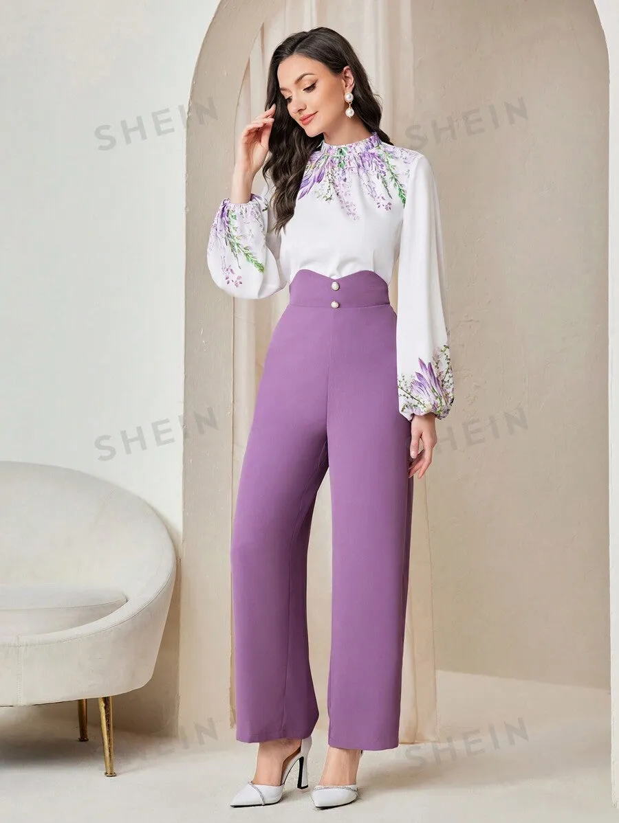 Modely Women's Floral Print Collar Shirt And Pants Sets