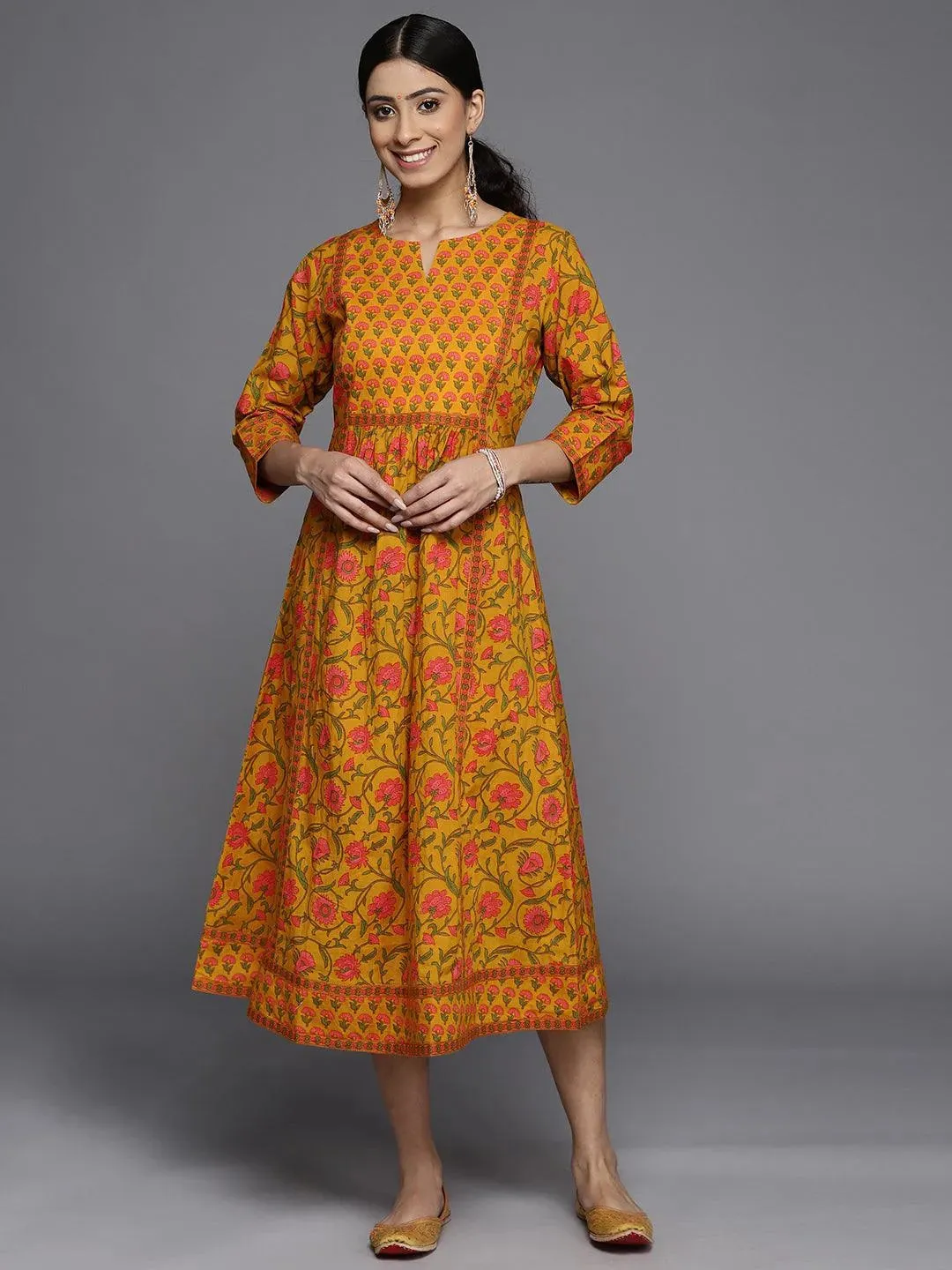 Mustard Printed Cotton Dress