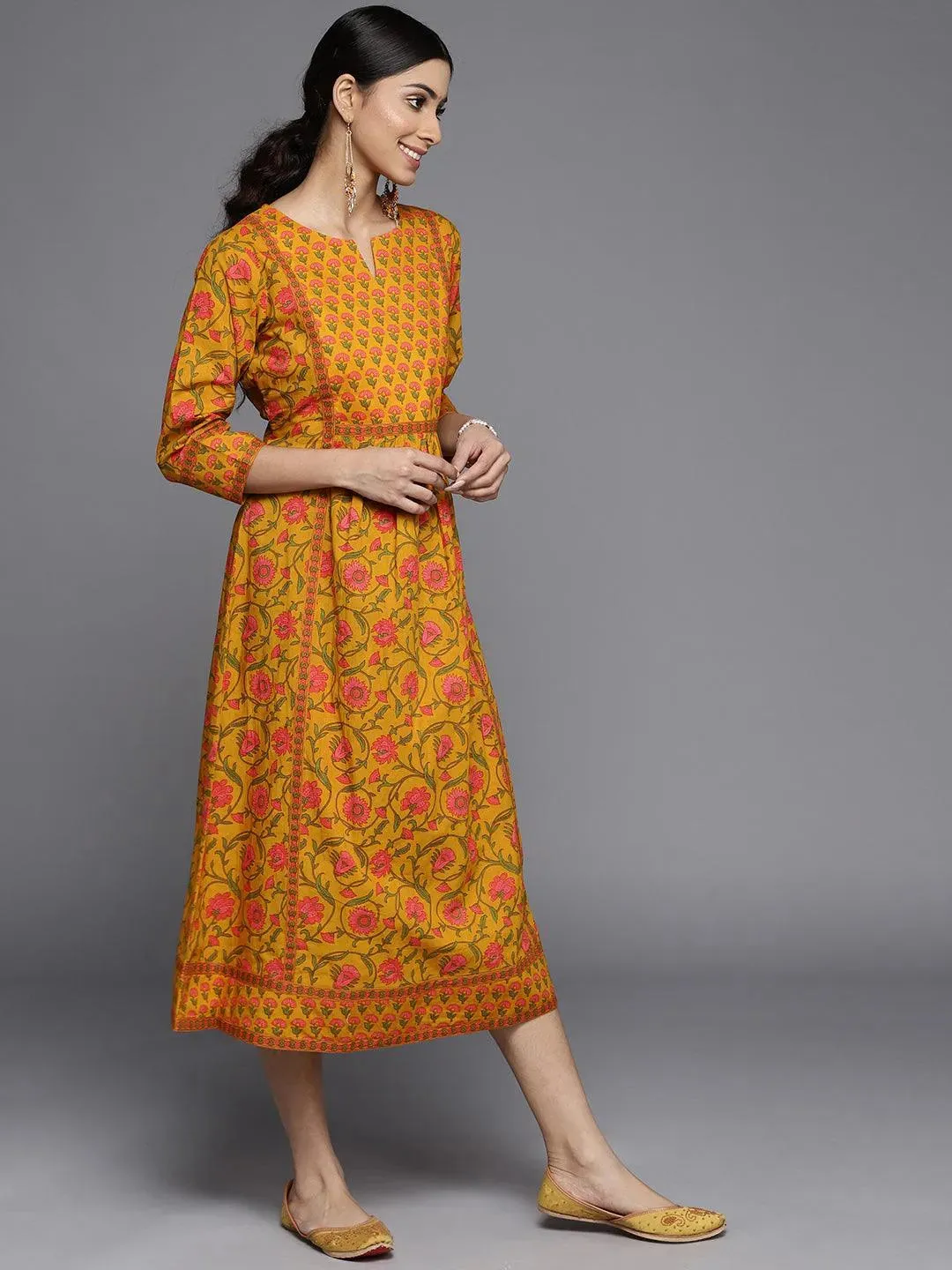 Mustard Printed Cotton Dress