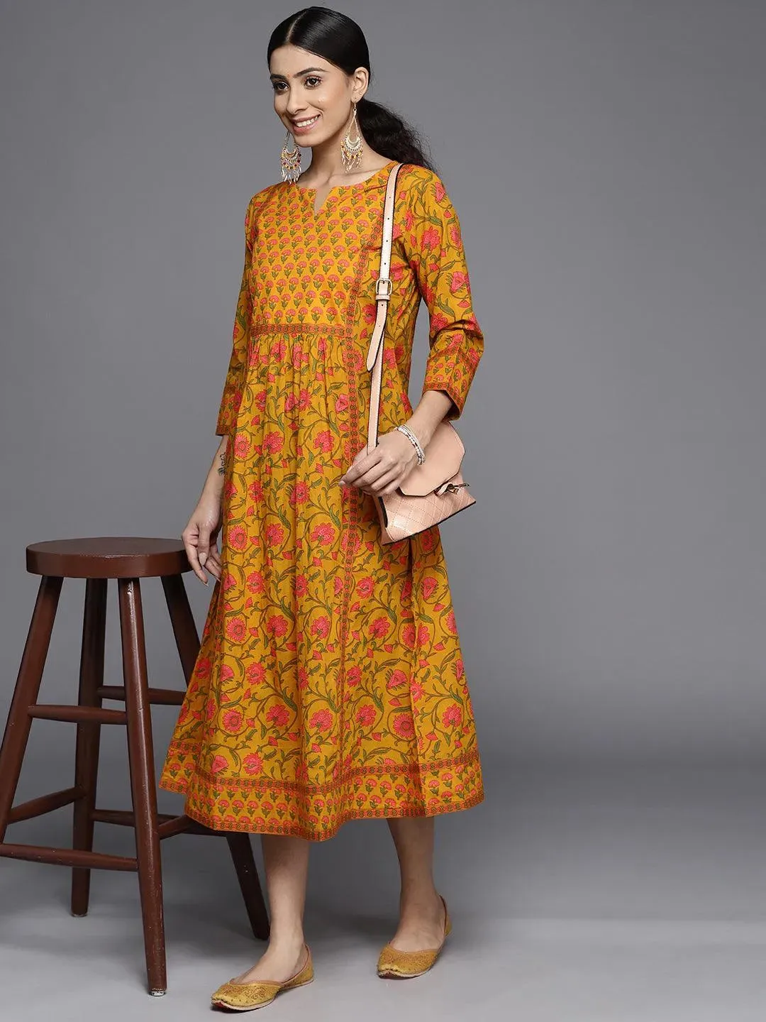 Mustard Printed Cotton Dress