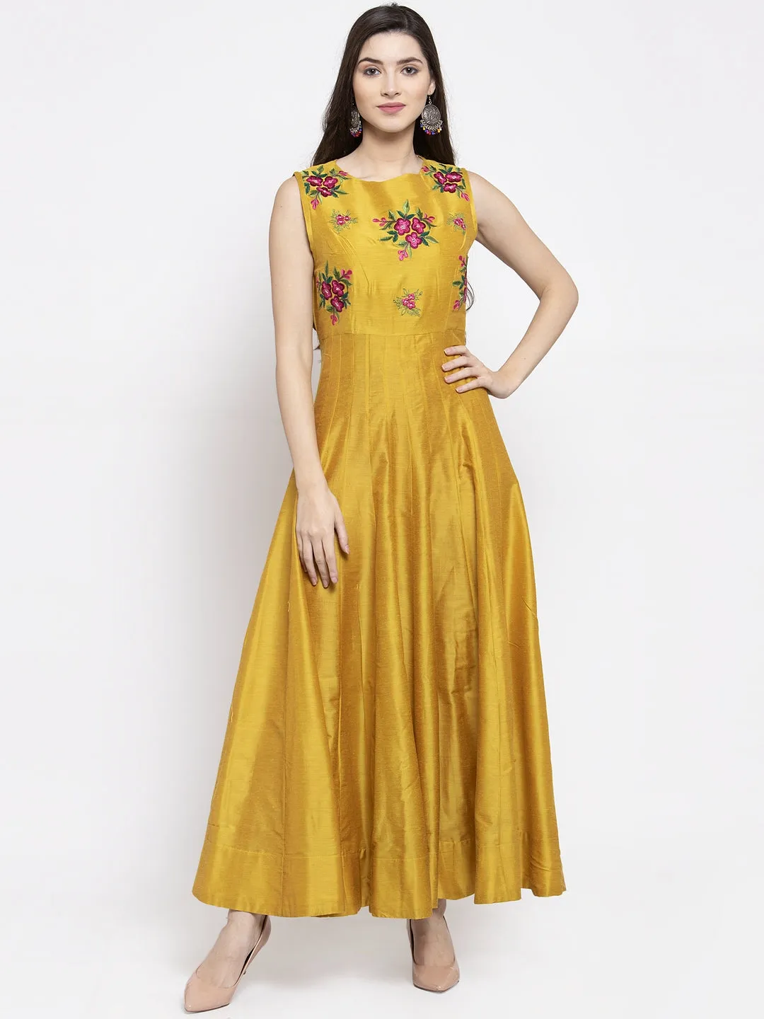 Mustrad Yellow Foral Ethnic Maxi Dress