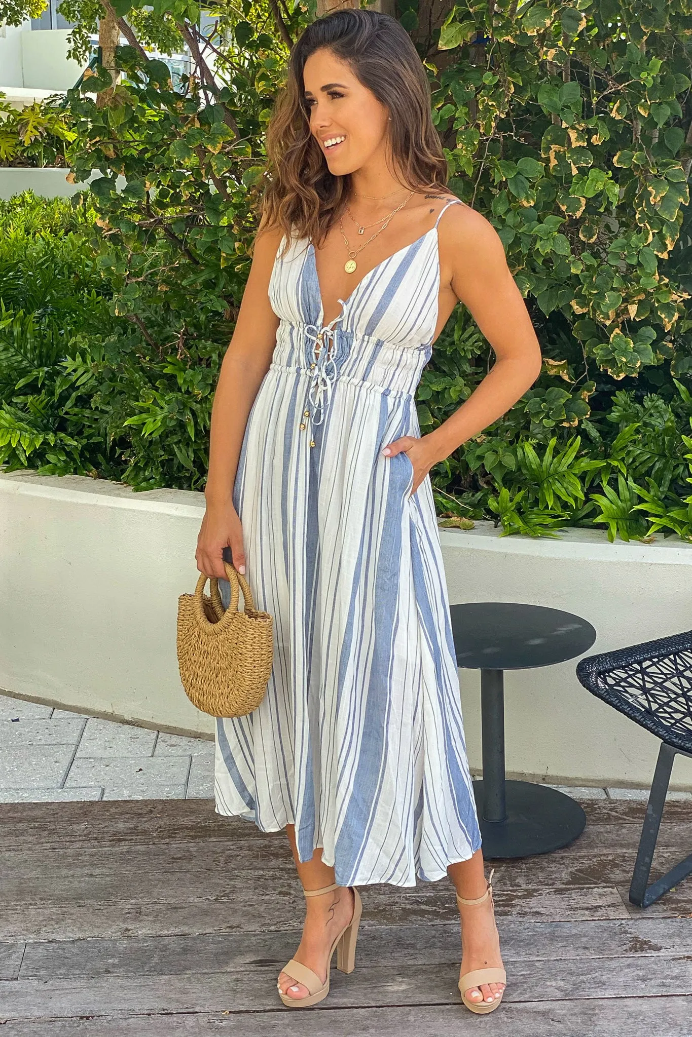 Navy Striped Maxi Dress With Front Ties