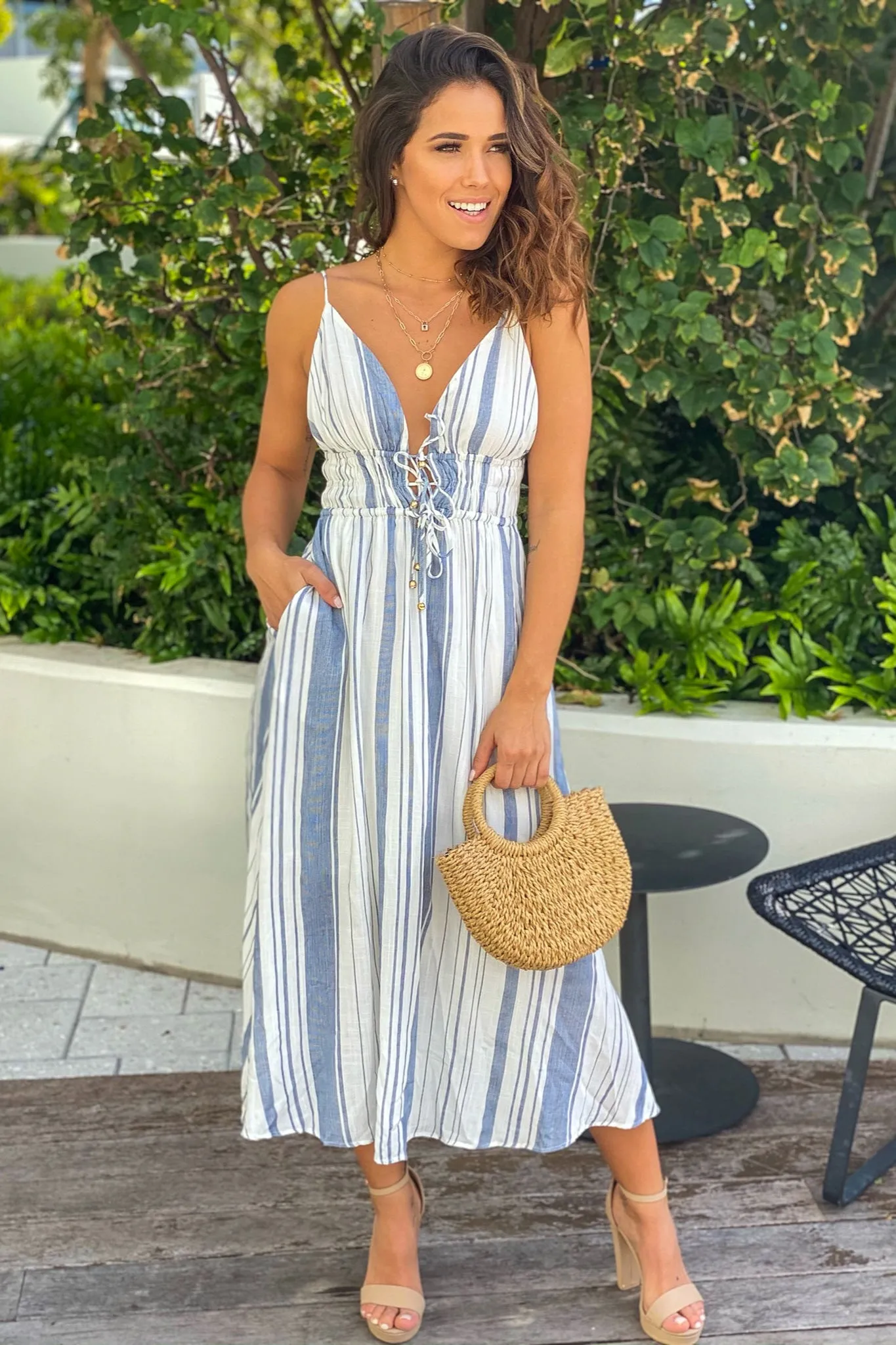 Navy Striped Maxi Dress With Front Ties