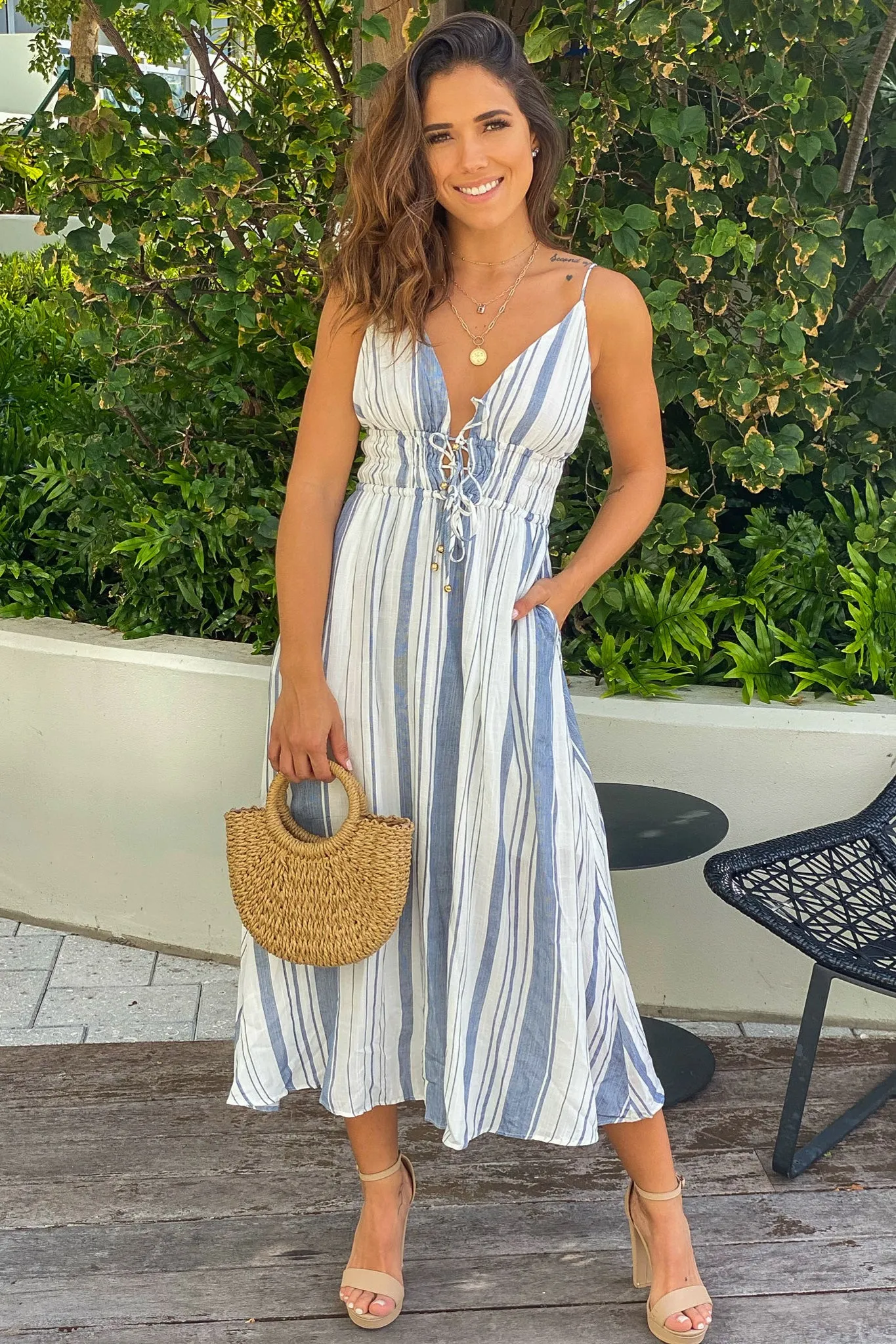 Navy Striped Maxi Dress With Front Ties