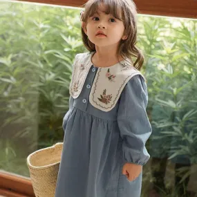 New Girls Dress Spring Autumn Long Sleeve Lapel Embroidered Princess Kids Clothes Fashion Korean Children Dresses 2-7Y