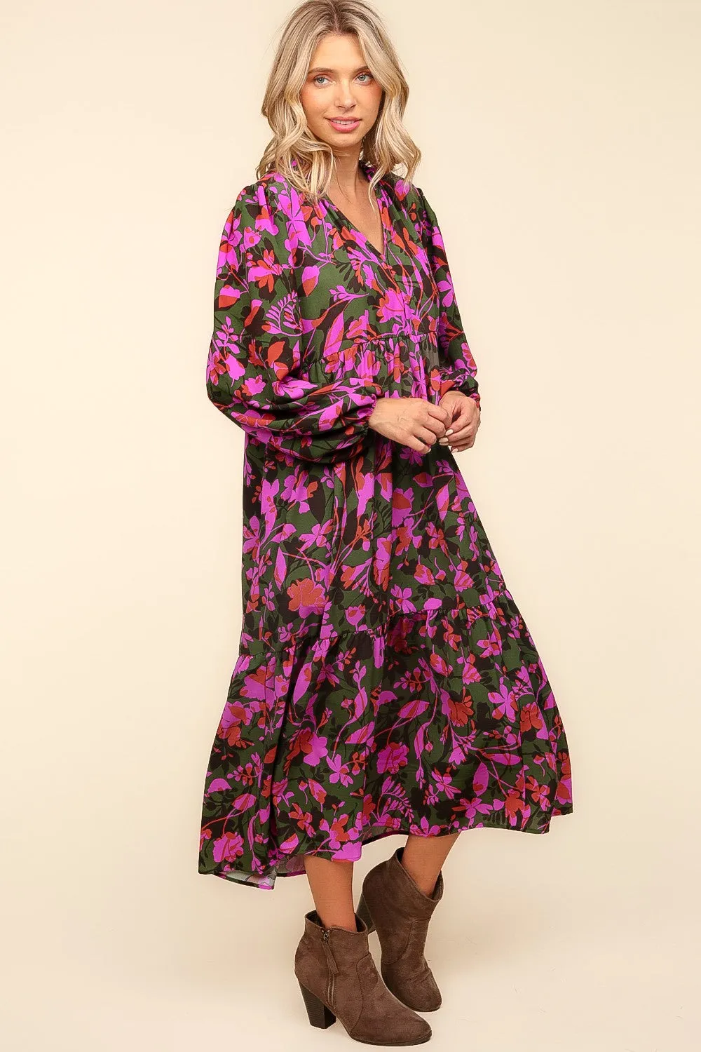 Notch Neck Babydoll Long Sleeve Maxi Dress - Forest/Lavender Floral