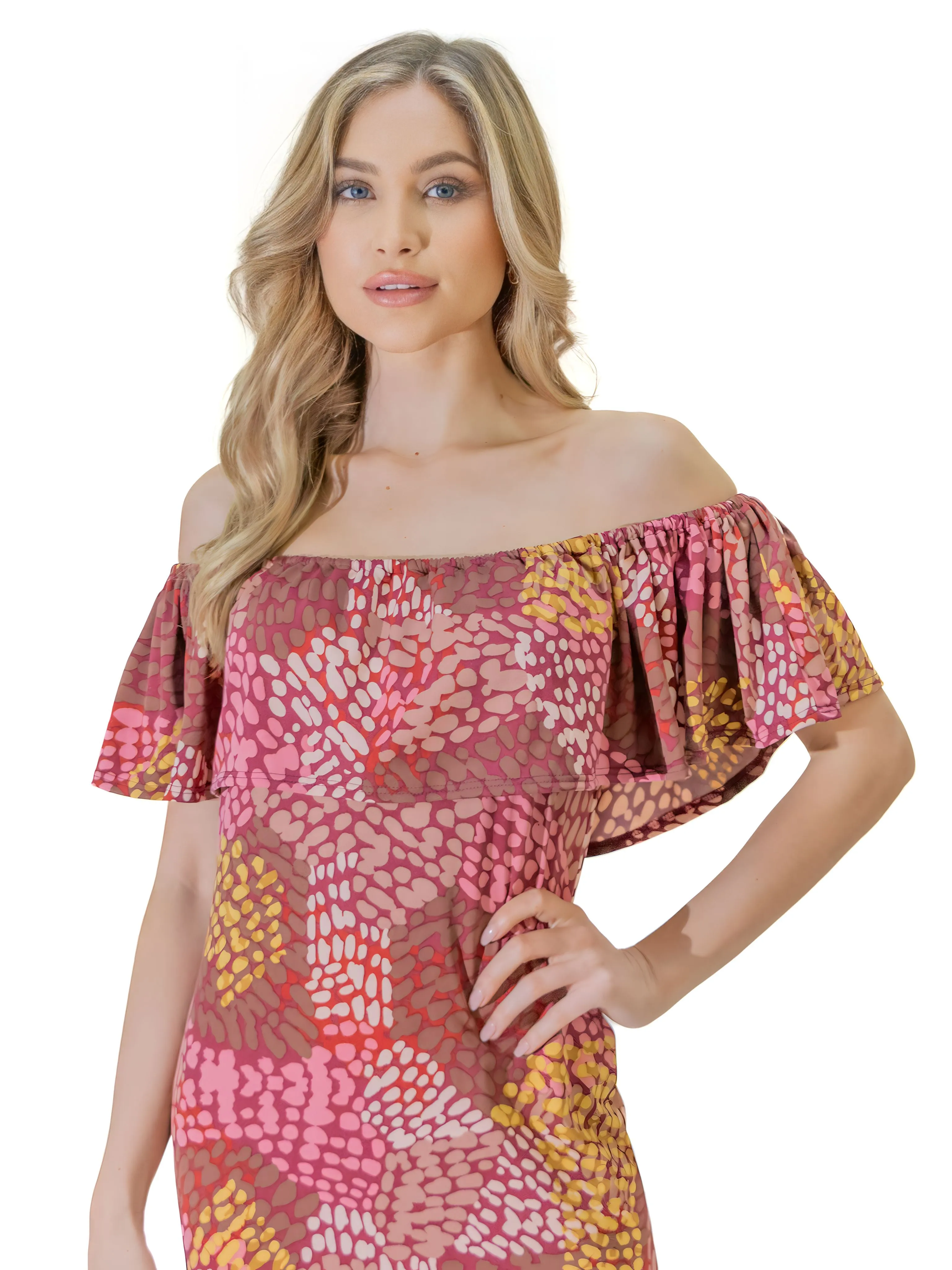 Off Shoulder Pink Abstract Print Maxi Side Slit Dress