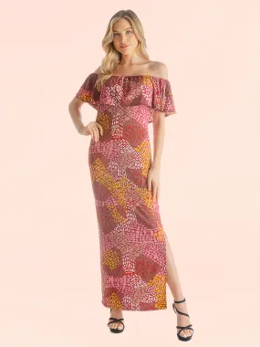 Off Shoulder Pink Abstract Print Maxi Side Slit Dress