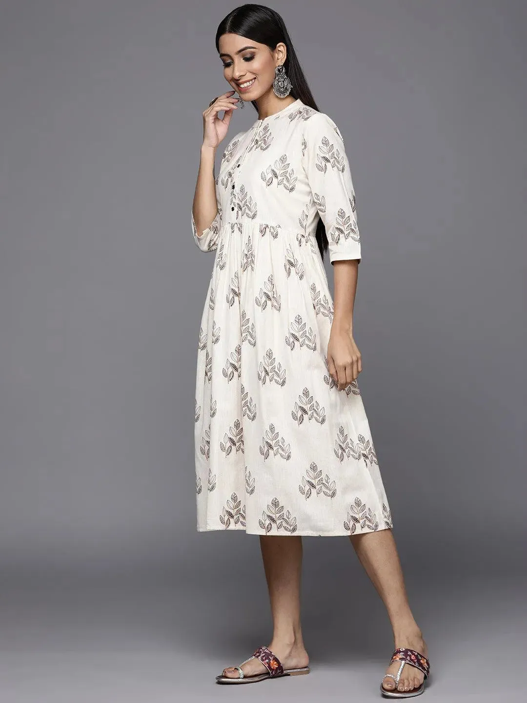 Off White Printed Cotton Fit and Flare Dress