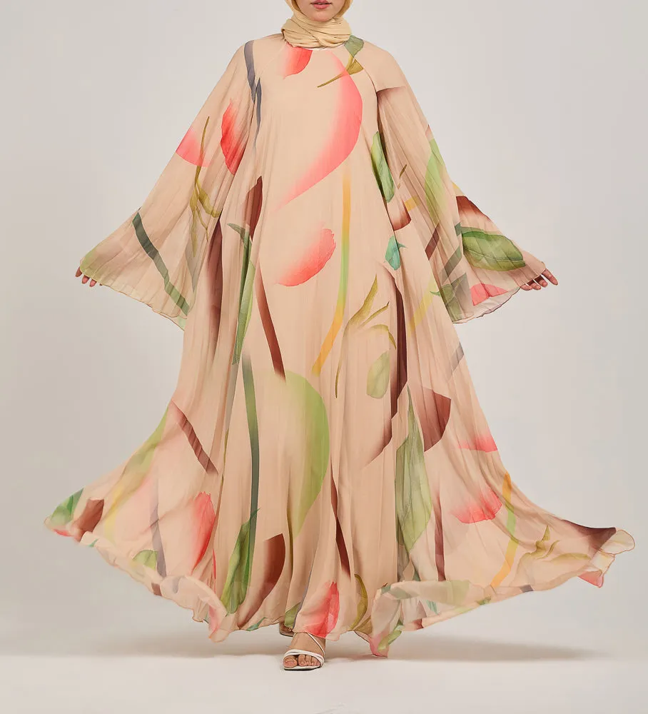 Olyndra Lush Chiffon Watercolor Floral Maxi Dress with Flared Sleeves