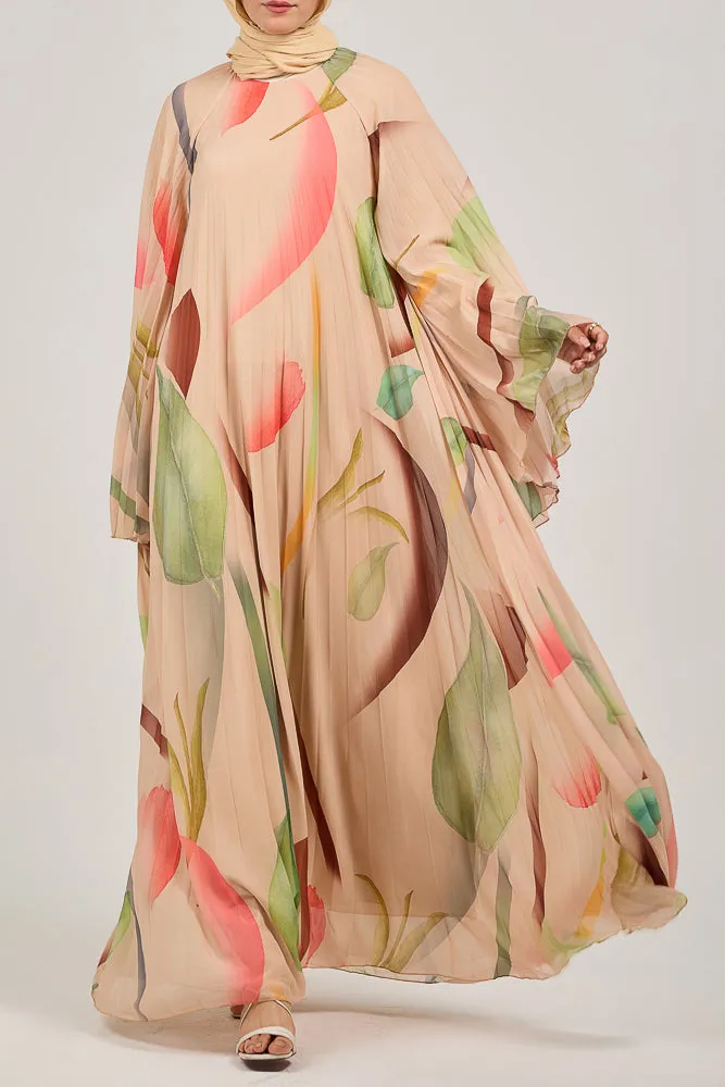 Olyndra Lush Chiffon Watercolor Floral Maxi Dress with Flared Sleeves