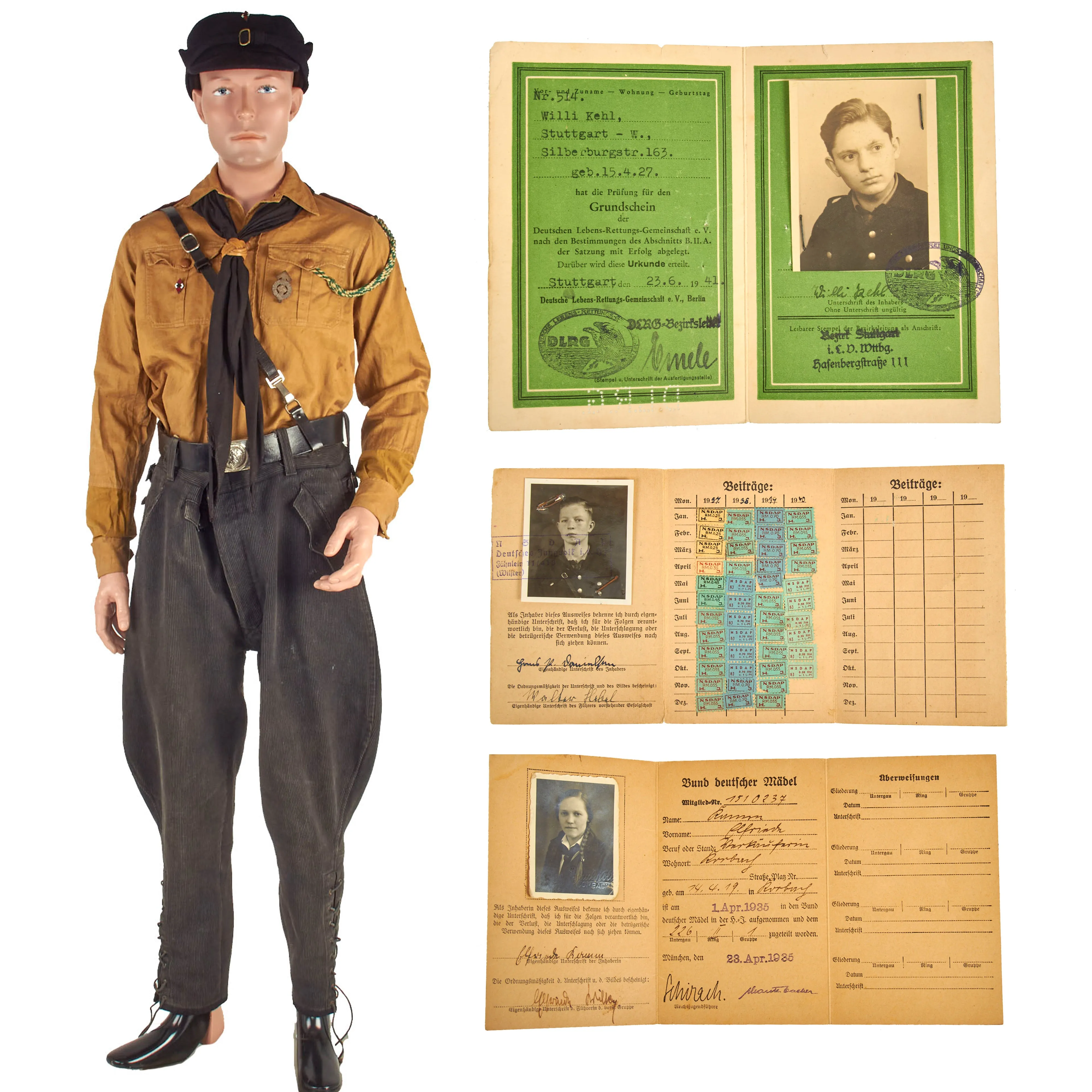 Original German WWII HJ Complete West Köln-Aachen Uniform Set with Tan Shirt, Black Corduroy Breeches, Named Documents & Photos